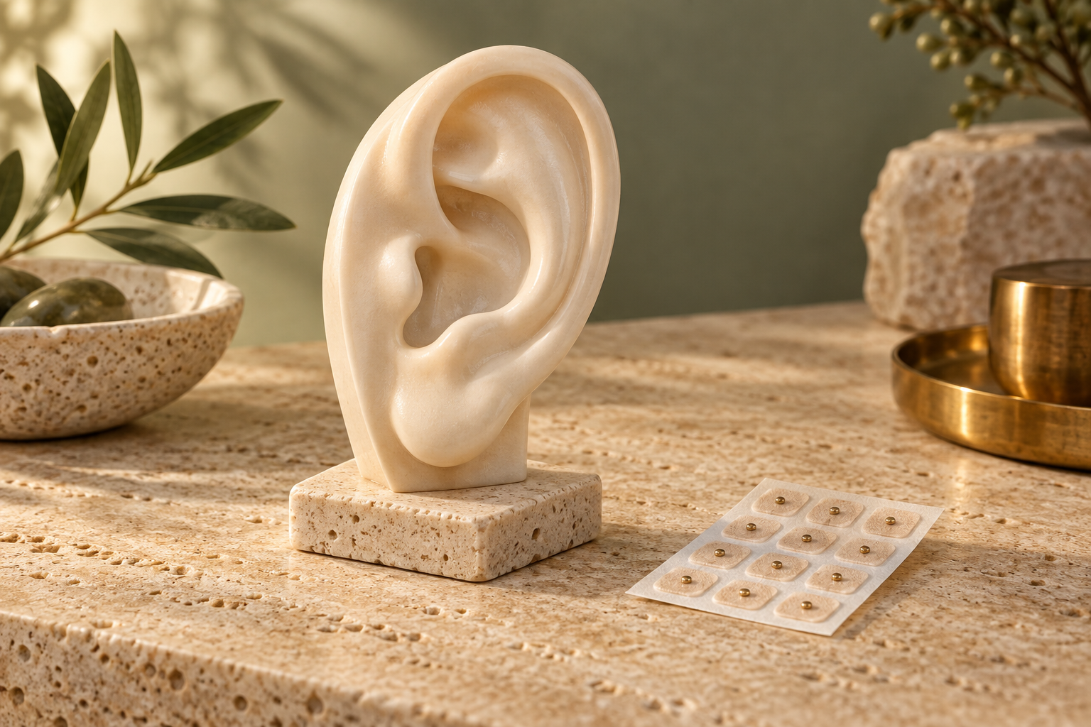 Modelo anatômico de orelha e materiais ilustrativos de auriculoterapia